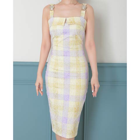 4/9新作!【今だけポイント20倍】[Andy]ノースリーブチェック柄バックスリットタイト膝丈キャバドレス[AN-ON2772](イエロー-Sサイズ)