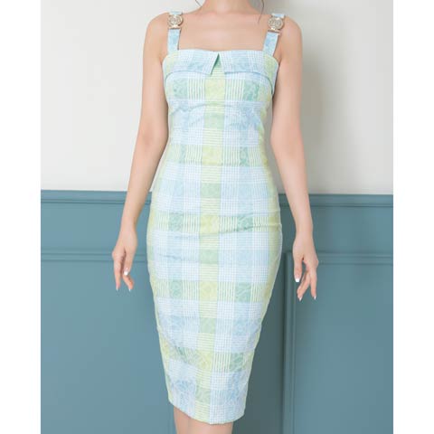 4/9新作!【今だけポイント20倍】[Andy]ノースリーブチェック柄バックスリットタイト膝丈キャバドレス[AN-ON2772](ミント-Sサイズ)