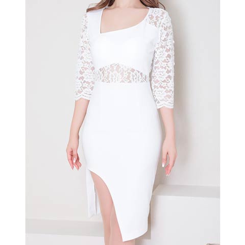 4/9新作!【今だけポイント20倍】[Andy]フラワーレースウエストシアー七分袖スリットタイト膝丈キャバドレス[AN-ON2716](ホワイト-Sサイズ)
