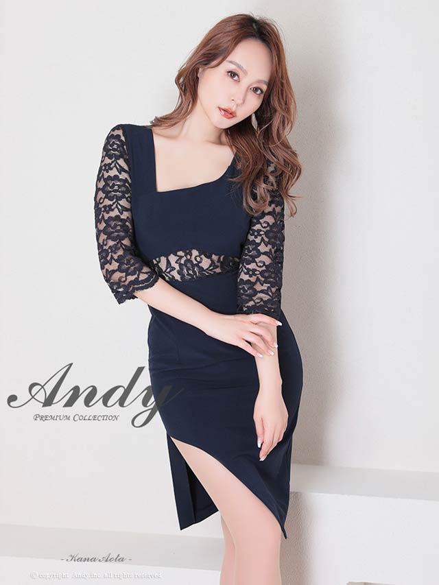 4/9新作!【今だけポイント20倍】[Andy]フラワーレースウエストシアー七分袖スリットタイト膝丈キャバドレス[AN-ON2716]