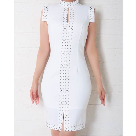 4/9新作!【今だけポイント20倍】[Andy]ハイネックノースリーブスタッズバックオープンタイト膝丈キャバドレス[AN-OK2719](ホワイト-Sサイズ)