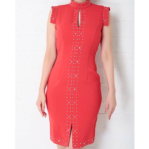 4/9新作!【今だけポイント20倍】[Andy]ハイネックノースリーブスタッズバックオープンタイト膝丈キャバドレス[AN-OK2719](オレンジ-Sサイズ)