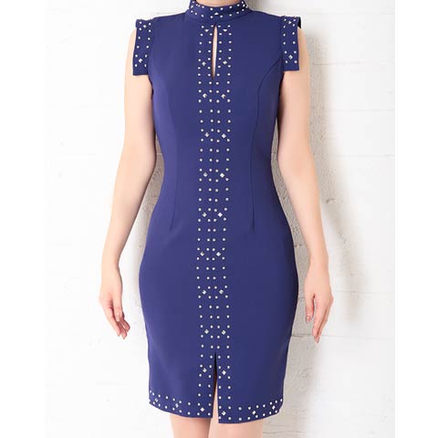 4/9新作!【今だけポイント20倍】[Andy]ハイネックノースリーブスタッズバックオープンタイト膝丈キャバドレス[AN-OK2719](パープル-Sサイズ)