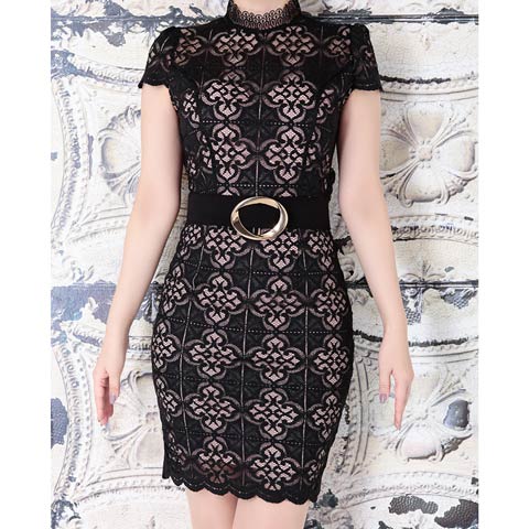 4/9新作!【今だけポイント20倍】[Andy]総レースハイネックベルトモチーフ半袖タイトミニ丈キャバドレス[AN-OK2726](ブラック×ベージュ-Sサイズ)