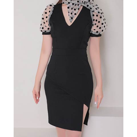 4/9新作!【今だけポイント20倍】[Andy]ネックリボンドットシアーパフスリーブタイトミニ丈キャバドレス[AN-OK2727](ブラック×ベージュ-Sサイズ)