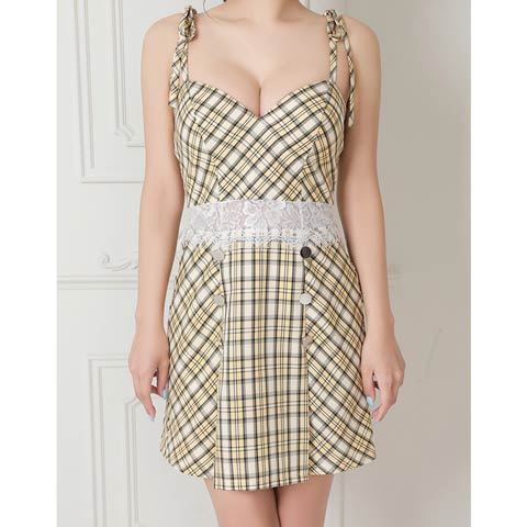 4/9新作!【今だけポイント20倍】[an]チェック柄キャミソールリボンウエストレースAラインミニ丈キャバドレス[AOC-3454](イエロー-Sサイズ)