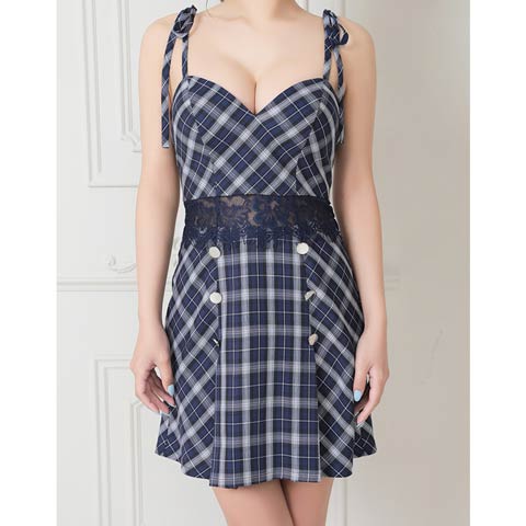4/9新作!【今だけポイント20倍】[an]チェック柄キャミソールリボンウエストレースAラインミニ丈キャバドレス[AOC-3454](ネイビー-Sサイズ)