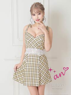 4/9新作!【今だけポイント20倍】[an]チェック柄キャミソールリボンウエストレースAラインミニ丈キャバドレス[AOC-3454]