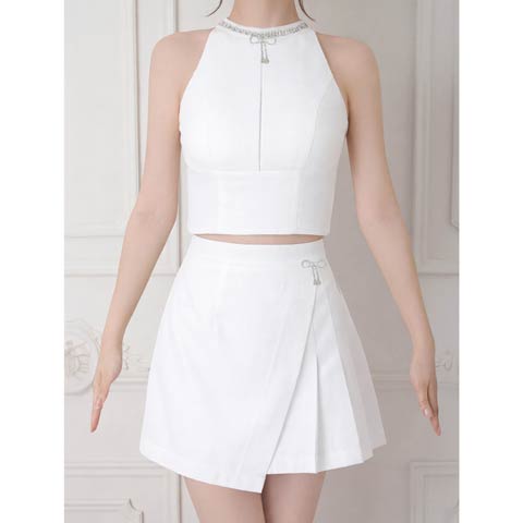 4/9新作!【今だけポイント20倍】[an]アメスリフロントジップビジューリボンプリーツAラインミニ丈セットアップ[AOC-4108](ホワイト-XSサイズ)