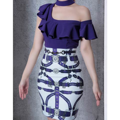 4/9新作!【今だけポイント20倍】[Andy]チョーカー風ワンショルフリルベルト柄タイトミニ丈キャバドレス[AN-OK2520](パープル-Sサイズ)