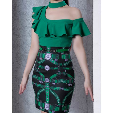 4/9新作!【今だけポイント20倍】[Andy]チョーカー風ワンショルフリルベルト柄タイトミニ丈キャバドレス[AN-OK2520](グリーン-Sサイズ)