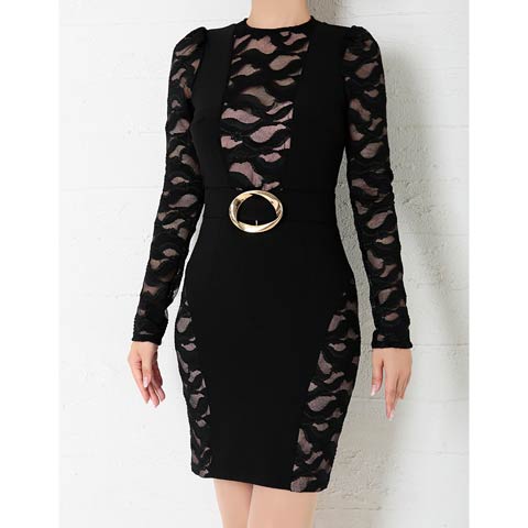 4/9新作!【今だけポイント20倍】[Andy]シアーレースバックルベルトモチーフ長袖タイトミニ丈キャバドレス[AN-OK2500](ブラック×ベージュ-Sサイズ)