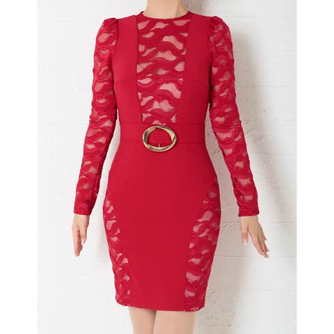 4/9新作!【今だけポイント20倍】[Andy]シアーレースバックルベルトモチーフ長袖タイトミニ丈キャバドレス[AN-OK2500](レッド×ベージュ-Sサイズ)