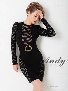 4/9新作!【今だけポイント20倍】[Andy]シアーレースバックルベルトモチーフ長袖タイトミニ丈キャバドレス[AN-OK2500]