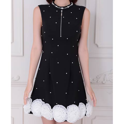 4/21再販!【今だけポイント20倍】[an]フロントジップノースリーブビジューフラワーモチーフAラインミニ丈キャバドレス[AOC-4096](ブラック-XS)