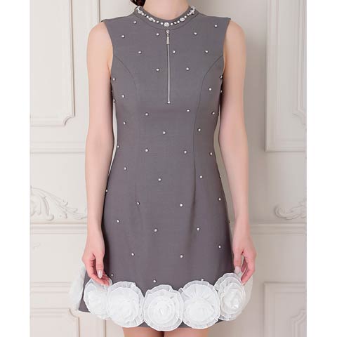 4/21再販!【今だけポイント20倍】[an]フロントジップノースリーブビジューフラワーモチーフAラインミニ丈キャバドレス[AOC-4096](グレー-XS)