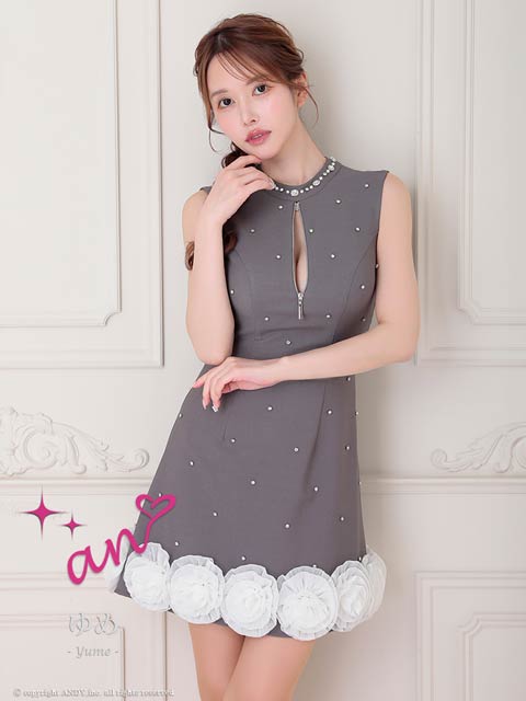 4/21再販!【今だけポイント20倍】[an]フロントジップノースリーブビジューフラワーモチーフAラインミニ丈キャバドレス[AOC-4096]