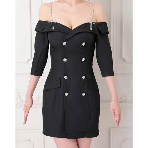 4/23新作!【今だけポイント20倍】[an]リボンビジューオフショルダブルボタン七分袖タイトミニ丈キャバドレス[AOC-4119](ブラック-XSサイズ)