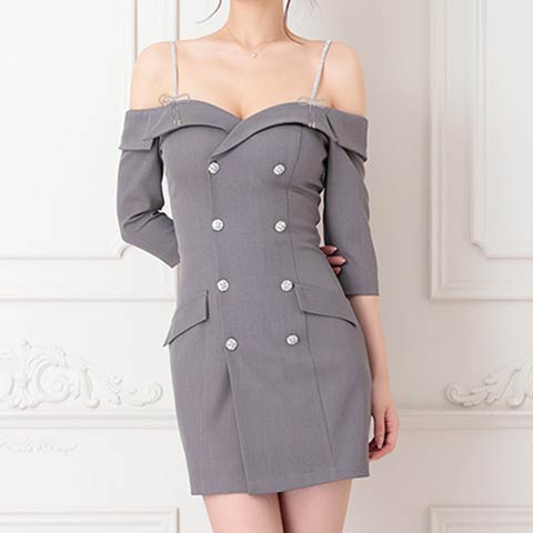 4/23新作!【今だけポイント20倍】[an]リボンビジューオフショルダブルボタン七分袖タイトミニ丈キャバドレス[AOC-4119](グレー-XSサイズ)