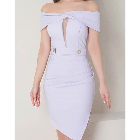 4/23新作!【今だけポイント20倍】[Andy]オフショルシースルーウエストボタンタイトミニ丈キャバドレス[AN-ON2744](ライトパープル-Sサイズ)