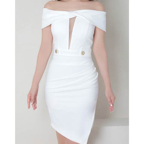 4/23新作!【今だけポイント20倍】[Andy]オフショルシースルーウエストボタンタイトミニ丈キャバドレス[AN-ON2744](ホワイト-Sサイズ)