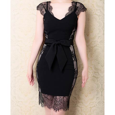 4/23新作!【今だけポイント20倍】[Andy]フラワーレースVネックウエストリボンタイトミニ丈キャバドレス[AN-OK2786](ブラック×ベージュ-Sサイズ)