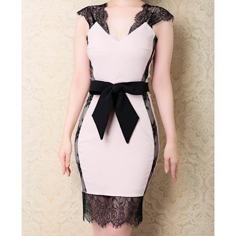 4/23新作!【今だけポイント20倍】[Andy]フラワーレースVネックウエストリボンタイトミニ丈キャバドレス[AN-OK2786](ベージュ×ブラック-Sサイズ)