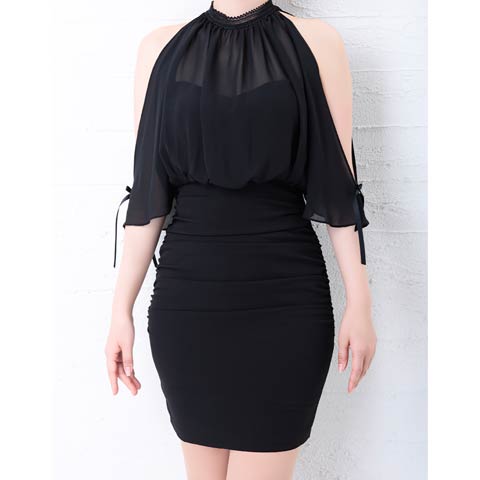 4/23新作!【今だけポイント20倍】[Andy]ハイネックシアーオープンショルダーリボンタイトミニ丈キャバドレス[AN-OK2598](ブラック-Sサイズ)