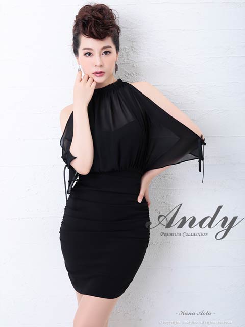 4/23新作!【今だけポイント20倍】[Andy]ハイネックシアーオープンショルダーリボンタイトミニ丈キャバドレス[AN-OK2598]