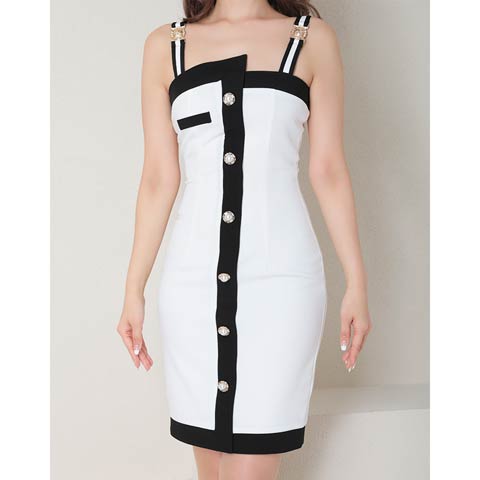 4/23新作!【今だけポイント20倍】[Andy]ノースリーブバイカラーパールボタンタイト膝丈キャバドレス[AN-ON2782](ホワイト×ブラック-Sサイズ)