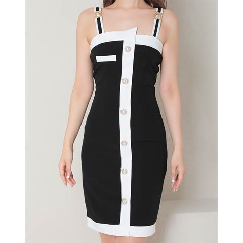 4/23新作!【今だけポイント20倍】[Andy]ノースリーブバイカラーパールボタンタイト膝丈キャバドレス[AN-ON2782](ブラック×ホワイト-Sサイズ)
