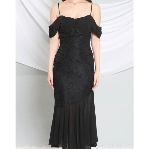 4/23新作!【今だけポイント20倍】[Andy]オフショルギャザーフラワーレースシフォンマーメイドロング丈キャバドレス[AN-OK2987](ブラック-Sサイズ)