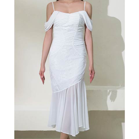 4/23新作!【今だけポイント20倍】[Andy]オフショルギャザーフラワーレースシフォンマーメイドロング丈キャバドレス[AN-OK2987](ホワイト-Sサイズ)