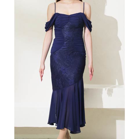 4/23新作!【今だけポイント20倍】[Andy]オフショルギャザーフラワーレースシフォンマーメイドロング丈キャバドレス[AN-OK2987](ネイビー-Sサイズ)
