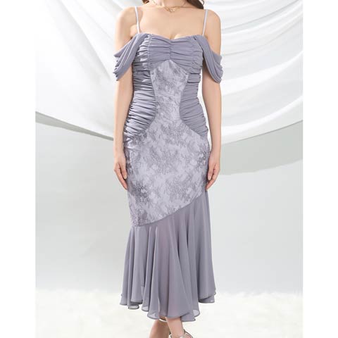4/23新作!【今だけポイント20倍】[Andy]オフショルギャザーフラワーレースシフォンマーメイドロング丈キャバドレス[AN-OK2987](グレー-Sサイズ)