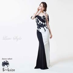 [LuxeStyle][51709]モノトーンデコラティブフラワーモチーフマーメイドロングドレス