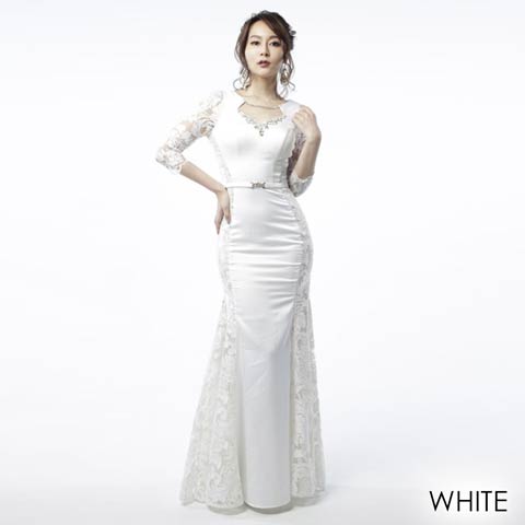 [LuxeStyle]サイドレース袖付きフレアマーメイドロングドレス[51714](ホワイト-S)