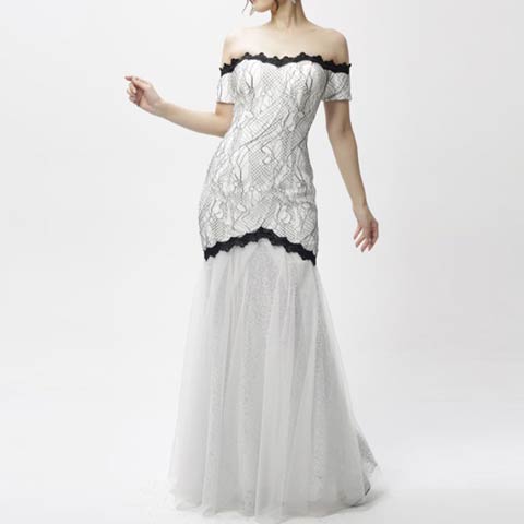 [LuxeStyle]オフショルダー刺繍レースチュールマーメイドロングドレス[51808](ホワイト-S)