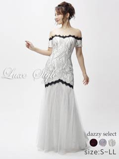 [LuxeStyle]オフショルダー刺繍レースチュールマーメイドロングドレス[51808]