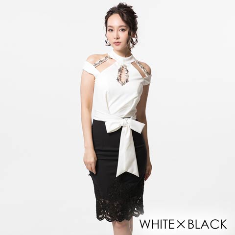[Alice]デザインカットバイカラービジュータイト膝丈ドレス[52825](ホワイトXブラック-S)