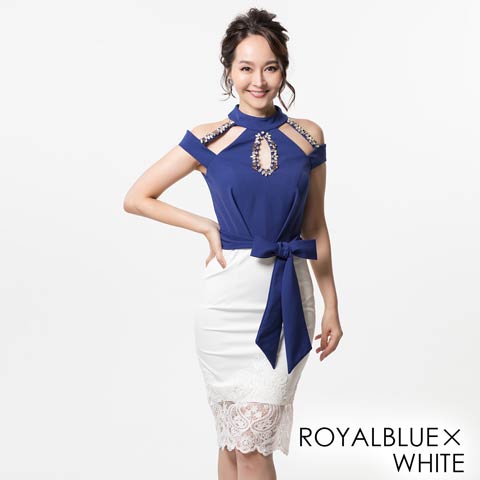 [Alice]デザインカットバイカラービジュータイト膝丈ドレス[52825](ロイヤルブルー×ホワイト-S)