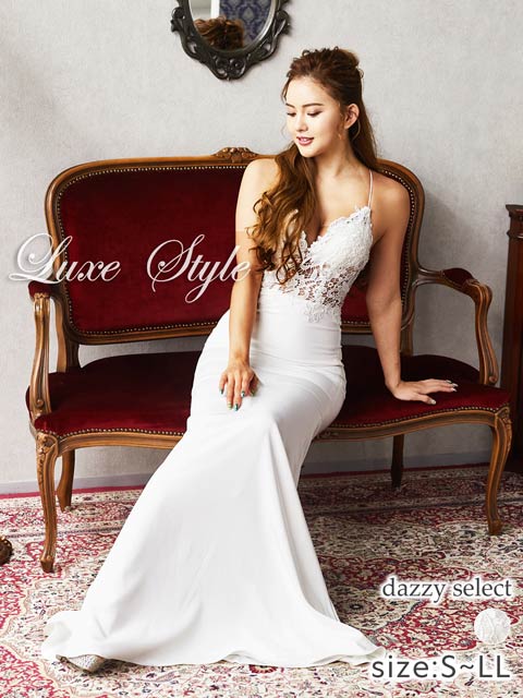 [LuxeStyle]エレガントレースエンブロイダリーウエスト透けロングマーメイドドレス[19023]