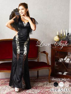 [LuxeStyle]ダマスク刺繍フロント透けシアースリーブタイトロングドレス[19019]