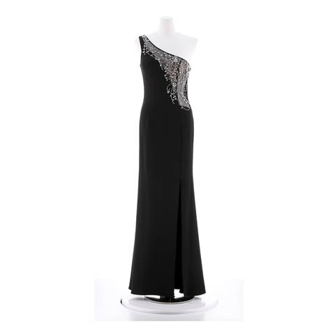 [LuxeStyle]シアービジュー付きワンショルダータイトロングドレス[19032](ブラック-Sサイズ)
