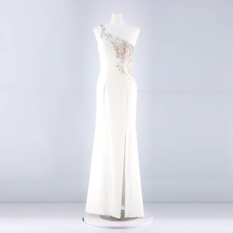 [LuxeStyle]シアービジュー付きワンショルダータイトロングドレス[19032](ホワイト-Sサイズ)