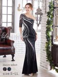 10/7再入荷![LuxeStyle]ワンショルダーウェーブビジュー五分袖マーメイドロングキャバドレス[19061]