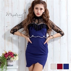 ADRIANNA PAPELL ネイビーブルーのセクシーなタイトドレス 9/21まで半額SALE!艷レース袖ハイネックリボンドッキング