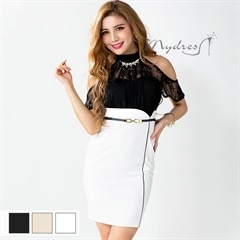 ベルト付レースハイネックカットショルダータイトミニドレス[mydress]