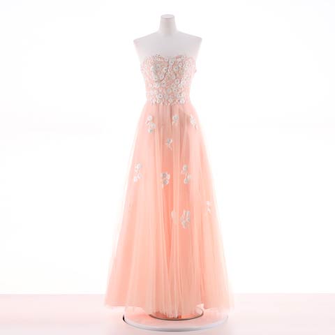 [Be will]フラワー刺繍ベアトップチュールAラインロングドレス[D4955](ピンク-Sサイズ)