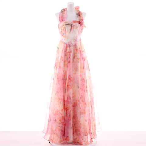 [Be will]パステル水彩フラワーホルターネックAラインロングドレス[D5119](ピンク-Sサイズ)